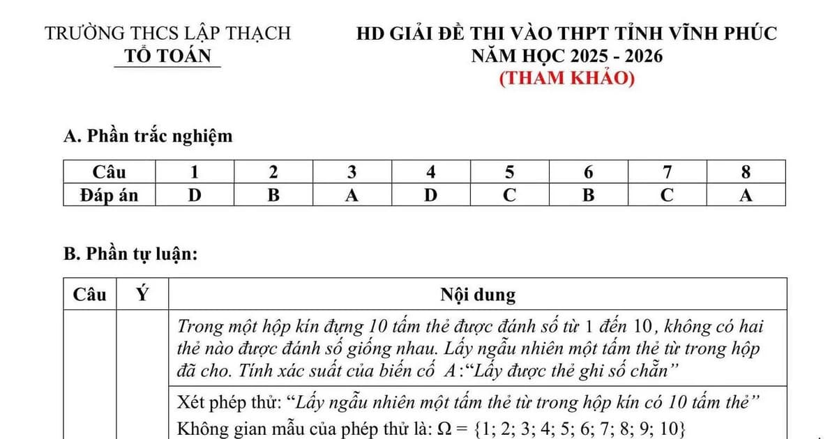 Gợi ý đáp án đề Toán thi vào lớp 10 tỉnh Vĩnh Phúc