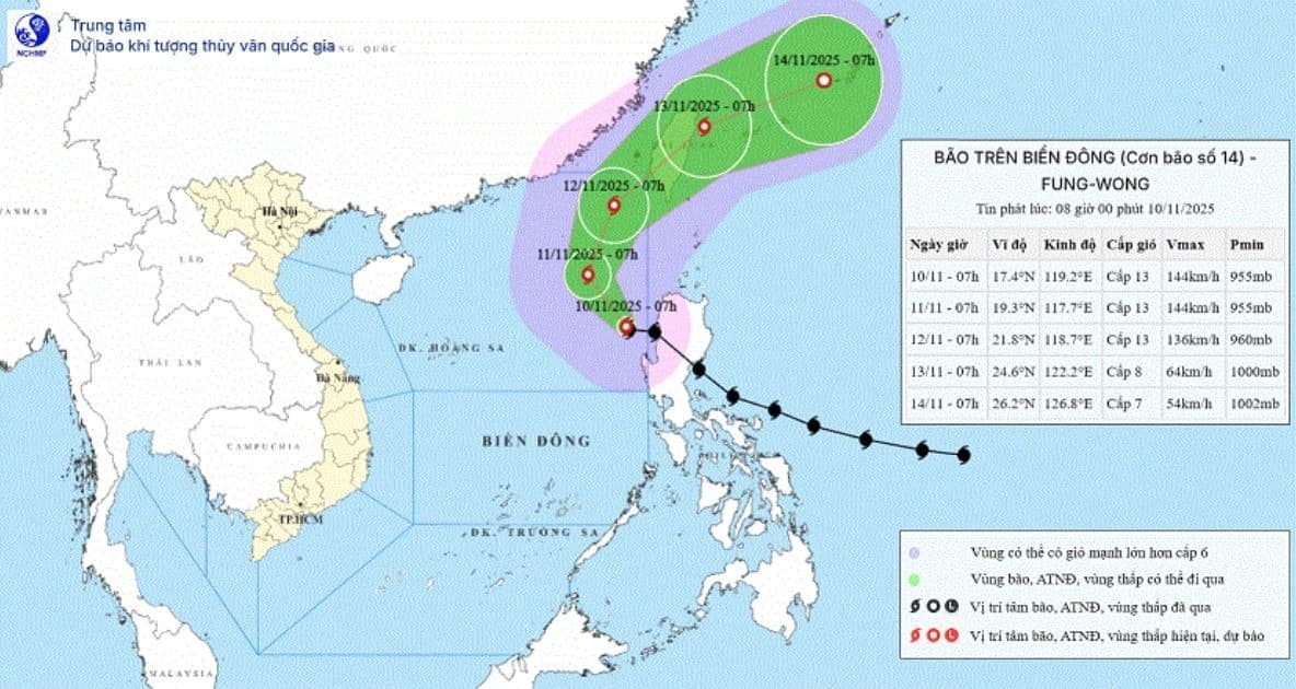 Bão Fung-wong giật cấp 16, trở thành cơn bão số 14 trên Biển Đông