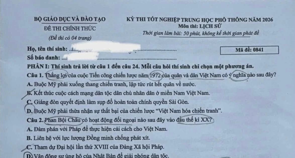 Gợi ý đáp án môn Lịch sử Kỳ thi tốt nghiệp THPT 2026