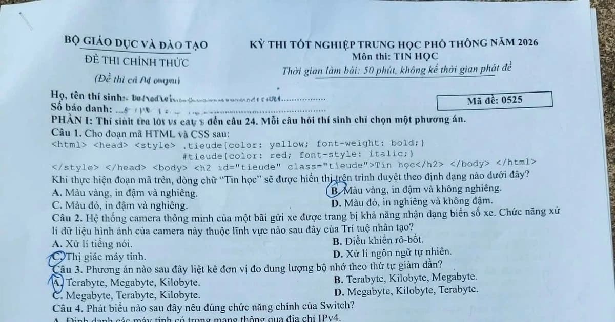 Gợi ý đáp án môn Tin học Kỳ thi tốt nghiệp THPT 2026